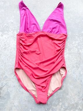 J. Crew Ruched Plunge One-Piece Swimsuit Pink Coral Colorblock